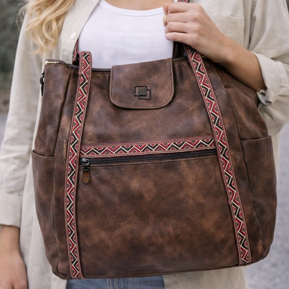 Boho FadeOn‎ Ethnic Trim Large Shoulder Tote | Woven Tribal Strap Statement Bag